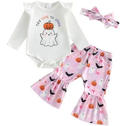Kuriozud Newborn Baby Girl Bell Bottom Outfit Ruffle Romper Cute Bow Flare Pants Set Headband Cute Clothes