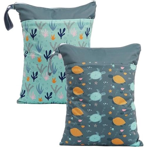 2pcs Wet Bags Waterproof Reusable Wet Dry Bag with Two Zippered Pockets Travel Beach Pool Daycare Yoga Gym Bag for Baby Cloth Diaper,Swimsuits,Wet Clothes (Turtles & Seagrass)