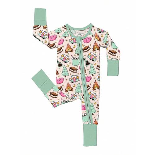 Baby Bamboo Fiber Zip-Up, Go Champing Print Romper, All-Season Knit Fabric Skinny Fit With Zipper Detail, Boy Baby Girl Clothes, Perfect For Outdoor | SHEIN USA