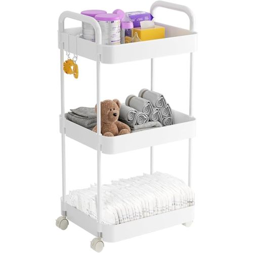 Diaper Caddy Cart, 3-Tier Plastic Rolling Cart with Handle, White