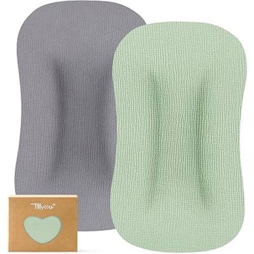 TILLYOU Muslin Baby Lounger Cover, 100% Cotton Newborn Lounger Cover, 2 Pack Baby Nest Slipcover for Boys Girls, Cover Only, Grey and Saga