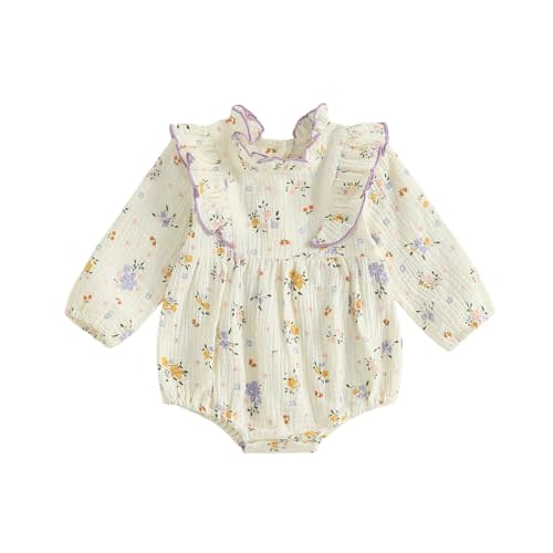 Baby Girl Long Sleeve Romper Fall Newborn Outfit Linen Romper Ruffle Jumpsuit Floral Bodysuit Infant Winter Clothes