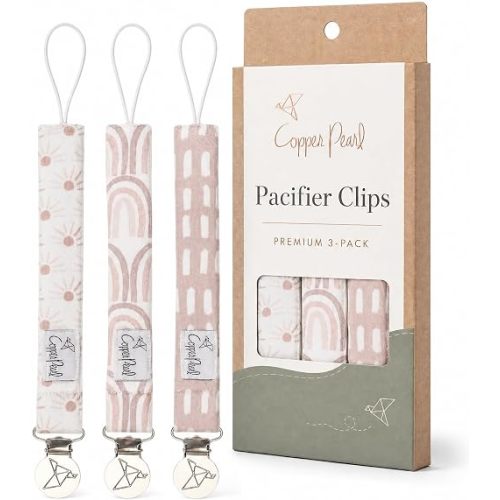 Copper Pearl Pacifier Clip 3-Pack: Premium Knit Binky Holders for Baby Girls and Boys - Stylish Stainless Steel Pacifier Accessory - Prevents Floor Drops - Bliss
