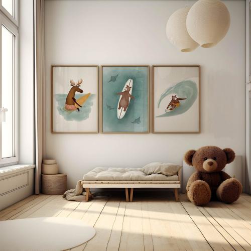 Set of Three Surfing Art Prints, Kids Surf Decor, Beach Theme Wall Art, Surfing Animals Print Set