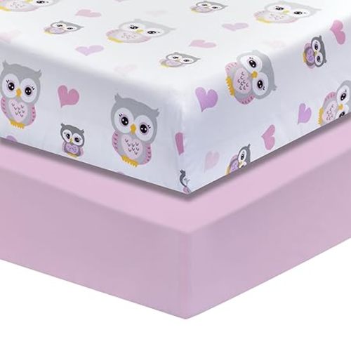 EVERYDAY KIDS 2 Pack Fitted Girls Crib Sheet, 100% Soft Breathable Cotton Baby Sheet, Fits Standard Size Crib Mattress 28in x 52in, White Nursery Sheet with Pink Owls and Hearts and a Solid Pink