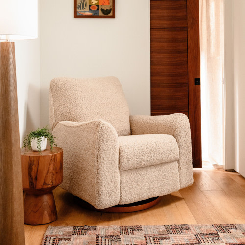 Nursery Works Sunday Power Recliner and Swivel Glider - Chai Shearling With Dark Wood Base