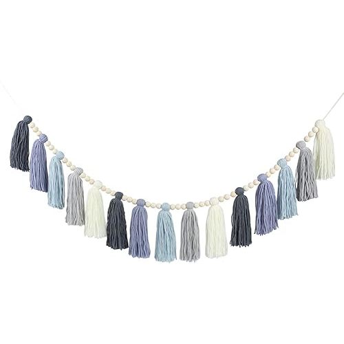 DrCor Coastal Boho Dusty Blue Tassel Garland – Handmade Yarn Banner for Nursery, Kids Bedroom, Dorm, Baby Shower, Birthday Party or Cozy Fall Home Decor