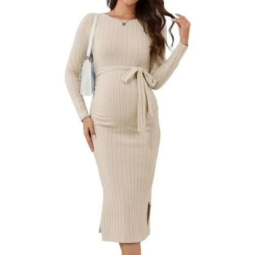 Crewneck Maternity Sweater Dress Rib Knit Long Sleeve Slit Pregnancy Dress Clothes with Belt