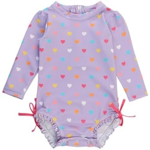 RuffleButts Baby Girls UPF 50+ Sun Protection Polka Dot Long Sleeve One Piece Rash Guard Swimsuit with Zipper