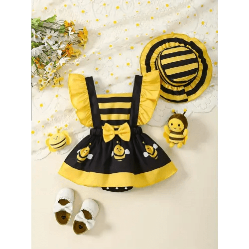 baby girl newborn summer new cartoon bee striped full print - Temu