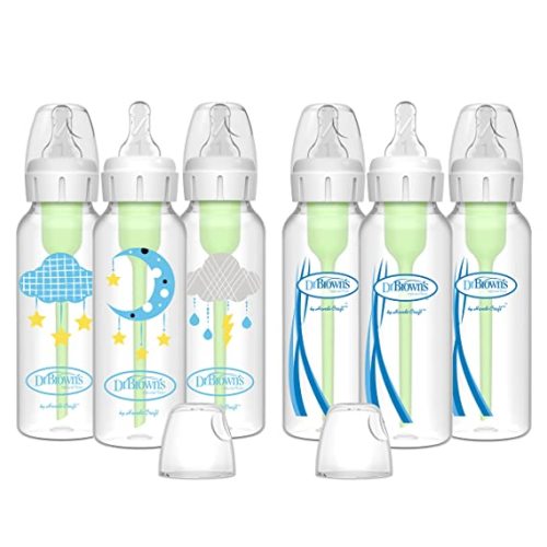 Dr. Brown’s Natural Flow® Anti-Colic Options+™ Narrow Baby Bottles 8 oz/250 mL, with Level 1 Slow Flow Nipple, 6 Pack, 0m+ Moon/Clouds Gift Set