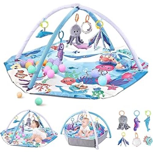Baby Play Gym Mat,10-in-1 Tummy Time Mat,Sea World Baby Play Mat Activity Gym,Washable Foldable Baby Floor Play Mat for Infants and Toddlers from 0-6-12 Months Newborn Sensory Motor Skill Development