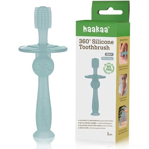 haakaa 360° Silicone Baby Toothbrush – 100% Soft Food Grade Silicone, BPA-Free, Suction Base, Safe for Babies 6 Months+, Gentle Gum and Teeth Cleaning for Infants, Gum Massager (Mist Blue)