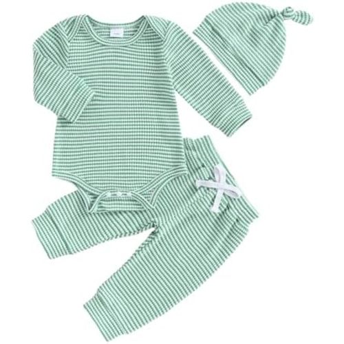 fhutpw Baby Boy Clothes 3 6 9 12 Months Striped Long Sleeve Romper Tops + Pants + Hat 3Pcs Infant Fall Winter Bodysuit Outfit