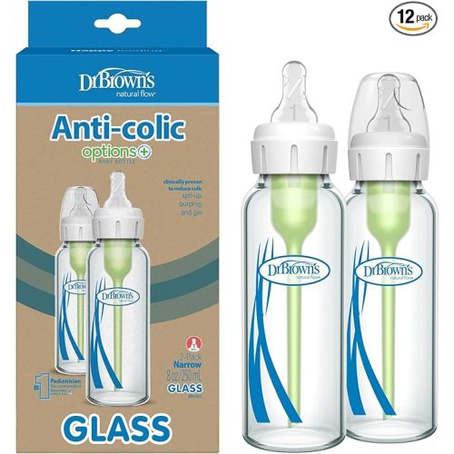 Dr. Brown's Anti-Colic Options+ Narrow Glass Baby Bottle with Level 1 Slow Flow Nipple, BPA-Free, 8 oz/250 mL, 0m+, 12-Pack (Packaging May Vary)