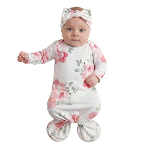 Baby Gowns, Stretchy Newborn Nightgown with Folding Glove 0-6 Month | Soft Breathable Coming Home Outfit, Baby Shower for Girl Boy, Stretchy Long Sleeve Infant Pajamas with Hat