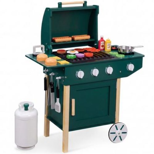 Best Choice Products Kids Wooden BBQ Grill Playset with 28 Accessories, Pretend Outdoor Kitchen Toy w/ Storage
