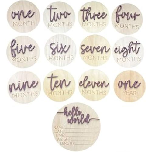 Baby Monthly Milestone Cards, 3D Premium Wooden Discs for Baby Photos and Pregnancy Journey plus BONUS Hello World Sign for Birth Announcement and Documenting Growth, Light Wood Photo Props (13 pcs) Baby Shower and Gender Reveal Gift (Purple)