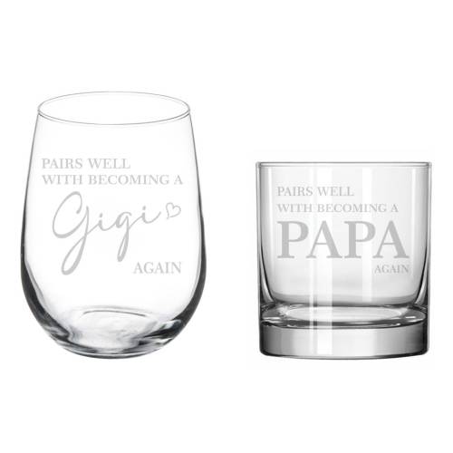 Set of 2 Pairs Well With Becoming A Gigi & Papa Again Second Baby Announcement Pregancy Announcement Gift Wine Glass Set Rocks or Pint