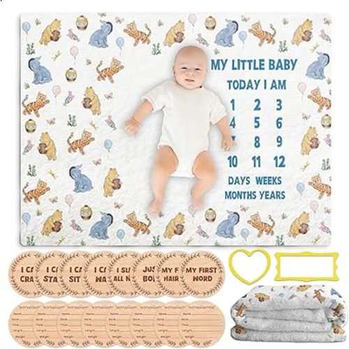 Toerifer Winnie Month Baby Blanket with Growth Chart, Baby Monthly Milestone Blanket for Baby Girl, 30x40 in, Winnie Nursery Decor Set Include 8Pcs Marker Discs for Newborn Photo Sign