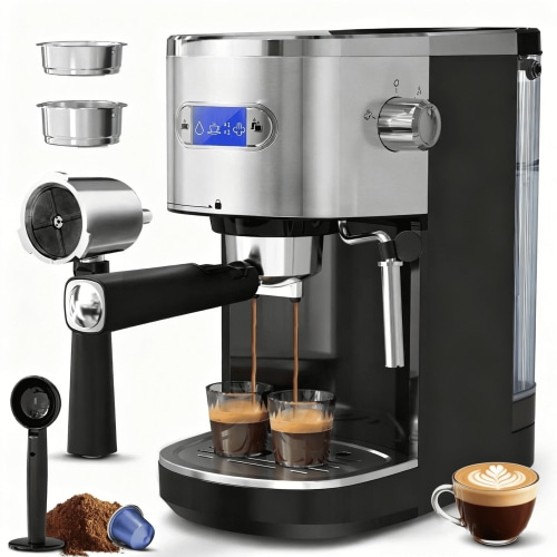 Auseo 20 Bar Espresso Coffee Maker, 1-2 Cup, Milk Frother, 45 OZ Water Tank, Black