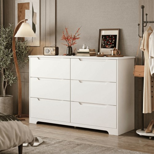 Aiho 6-Drawer Double Dresser - Modern Wood Chest with Anti-Tip Safety, Cutout Handles & Smooth Gliding Drawers | Nursery, Kids & Bedroom Storage - White