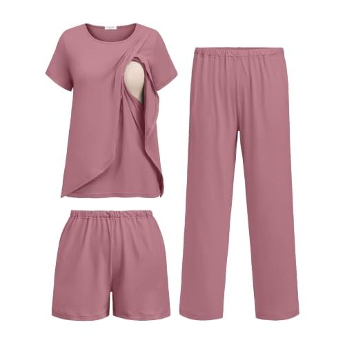 Ekouaer 3 PCS Maternity Nursing Pajamas Set Postpartum Breastfeeding PJS | 3-Piece Set, Including Short Sleeve Shirts, Pregnancy Shorts & Pants, Buttery Soft, Skin-Friendly Feel