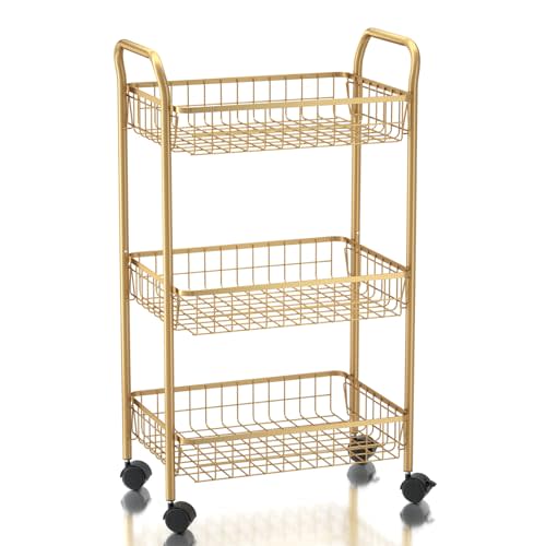MNOPQ 3 Tier Rolling Utility Cart, Storage Trolley Service Cart with Wheels Easy Assembly for Kitchen, Living Room, Office, Salon, Gold