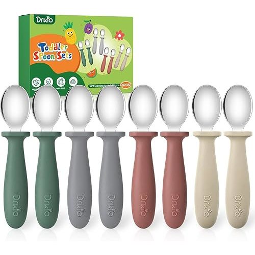 DRKIO 8 PCS Toddler Spoons Set - Baby Spoons with Silicone Handle Children safe 18/8 Stainless Steel Toddler Utensils Set for Self Feeding Kids Silverware Anti-Choke Design Food Grade Dishwasher Safe
