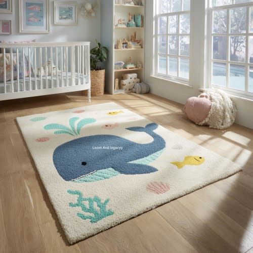 Ocean Animal Rug – Whale & Fish Theme Tufted Carpet for Playroom Decor