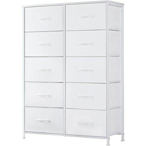 DUMOS Dresser for Bedroom, 10 Storage Drawers, Wide Fabric Closet Chests Organizer Tower Furniture with Wooden Top Metal Frame for Clothes, Guest Room, Living Room, Hallway, Entryway