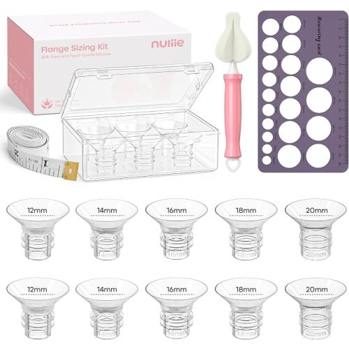 Nuliie Silicone Flange Inserts 12/14/16/18/20mm 10PCS for 24mm Breast Pump | Compatible with Spectra, Includes Nipple Sizer for Flanges, Storage case, Tape Measure and Cleaning Brush for Easy Pumping