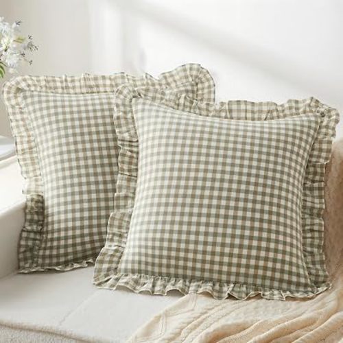 KKJIAF Ruffle Gingham Pillow Covers 20 x 20 Inches, Cotton Gingham Pillow Cases Set of 2, Linen Feel Ruffled Plaid Pillow Shams with Envelope Closure for Sofa Bed (Sage Green Plaid)