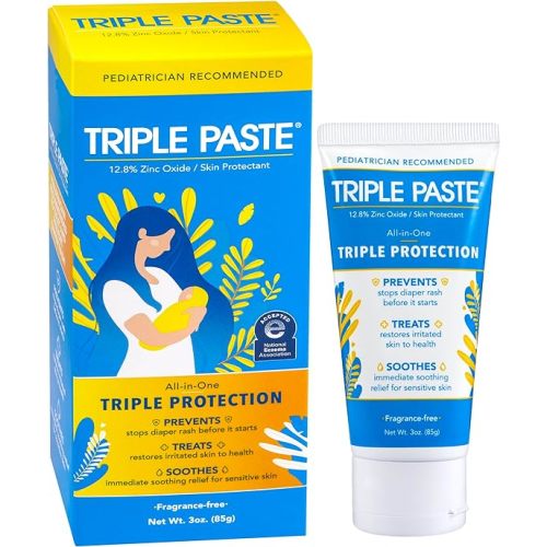 Triple Paste Diaper Rash Cream for Baby - 3 oz Tube - Zinc Oxide Ointment Treats, Soothes and Prevents Diaper Rash - Pediatrician-Recommended Hypoallergenic Formula with Soothing Botanicals