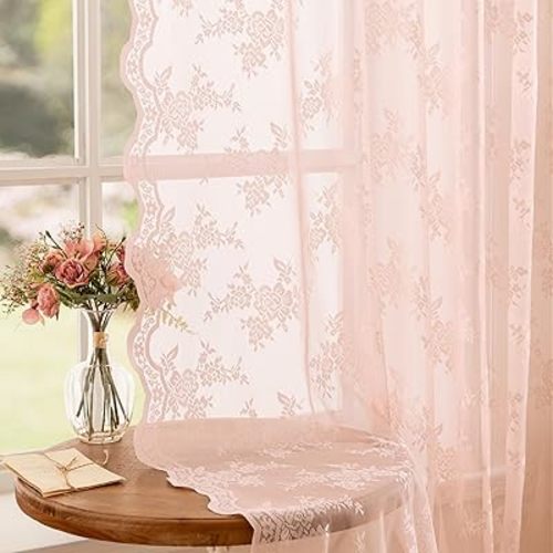 MEETSKY Pink Lace Curtains 84 Inch Long, Sheer Pink Curtain for Girls Room, Floral Patterned Vintage Light Filtering Curtains for Bedroom Princess Room, Lace Drapes 2 Panels, Each Panel 50W x 84L
