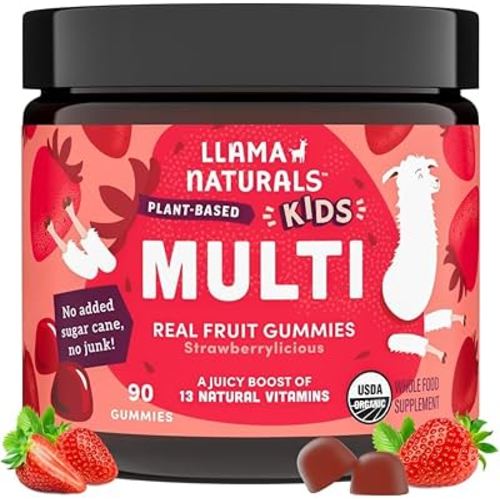 Llama Naturals Kids Multivitamin Gummies, Vegan, Organic with Vitamin D, C & K, Toddler Real Fruit Gummy Vitamins, Chewable Supplement, Whole Food Multivitamin, No Added Sugar Cane, Strawberry, 90 Ct