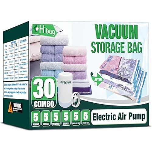 HIBAG Vacuum Storage Bags with Electric Pump, 30 Pack Vacuum Seal Space Saver Bag for Clothes, Clothing, Pillows, Blanket Bedding Comforters