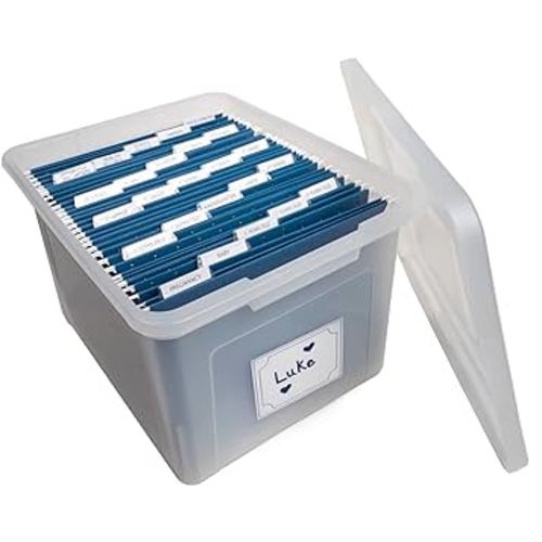 Generic Kid's Craft Memory Keepsake Organizer Box - Clear Storage Latching Bin with Hanging File Folders and Custom Tab Inserts (Navy)