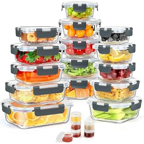 42pcs Glass Food Storage Containers with Lids Set, 21 Containers & 21 Lids Glass Meal Prep Containers with Snap Locking Lid Set, Leak Proof Lunch Container BPA-Free,Grey