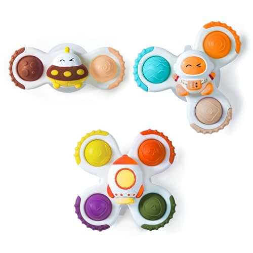 LiKee Strong Suction Cup Fidget Rotating Sensory Bath Toys for Baby Christmas Stocking Stuffers, Airplane Car Travel Table & Window Toys for Toddler Boys and Girls, 10+ Months