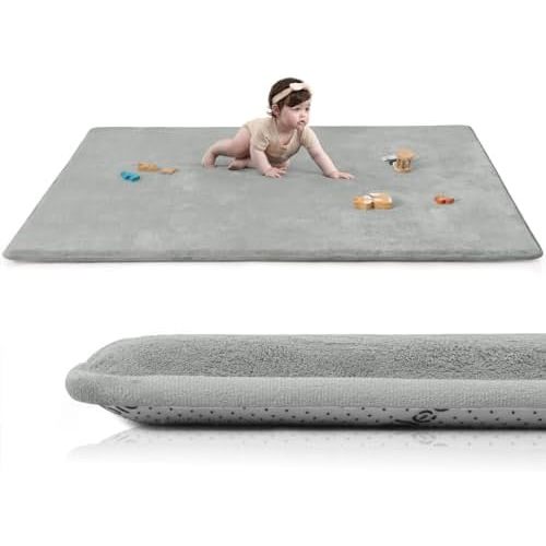 Huloo Sleep Baby Play Mat for Floor,1.3" Thick Elasti-Foam 50"×74" Playpen Mat for Tummy Time,Water Repellent Soft Coral Velvet for Toddler,Infant,Kids,Non-Slip Backing Safe for Crawling(Light Grey)
