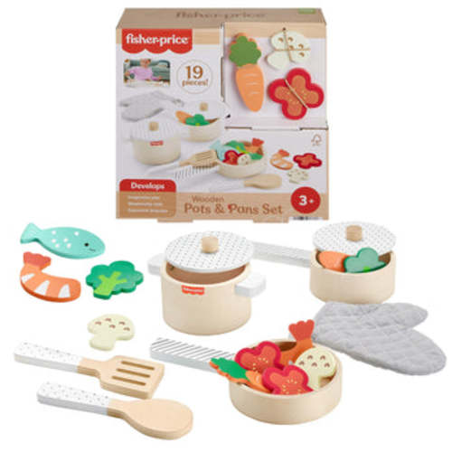 Fisher-Price Wooden Pots & Pans Set For Preschool Kitchen Pretend Play, 19 Wood Pieces