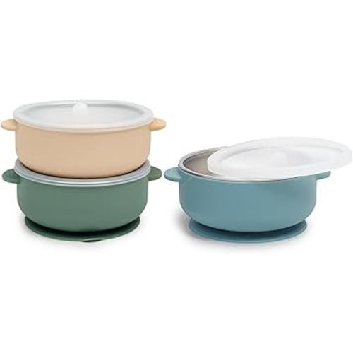 Baby & Toddler Bowls | Stay-Put Suction | Silicone & Stainless Steel with Leakproof Sealed Lids (Set of 3) | Portable Baby Food Bowls