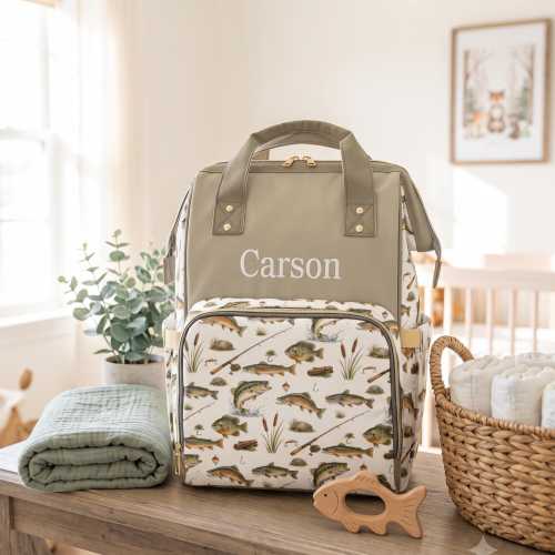 Personalized Fishing Themed Diaper Bag, Baby Boy Fish Backpack with Name, Dad Diaper Bag Shower Gift