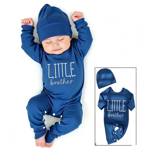 Ylsteed Newborn Photography Outfits "Little Brother" Bodysuit Baby With Button Long Sleeves Romper Letter Print Jumpsui+Hat Daily Wear