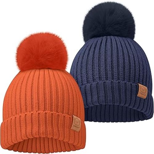 2-Pack Baby Hats for Girls, Boys - Stretchy Baby Beanies, Cute Newborn & Toddler Winter Hat, Soft & Warm Pom Pom Beanie for Infant, Toddler, Boys, Girls 6-36 Months (Ember, M)