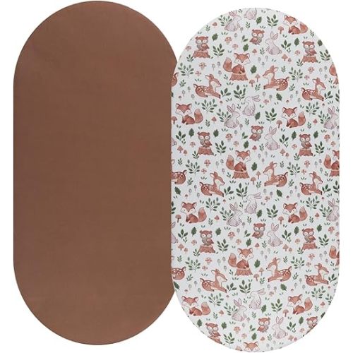 Bassinet Sheet Set 2 Pack Snug Fitted Cradle Fitted Sheets, Stretchy Ultra Soft, for Oval Rectangle Hourglass Bassinet Mattress, Unisex Boy Girl, Brown & Fox