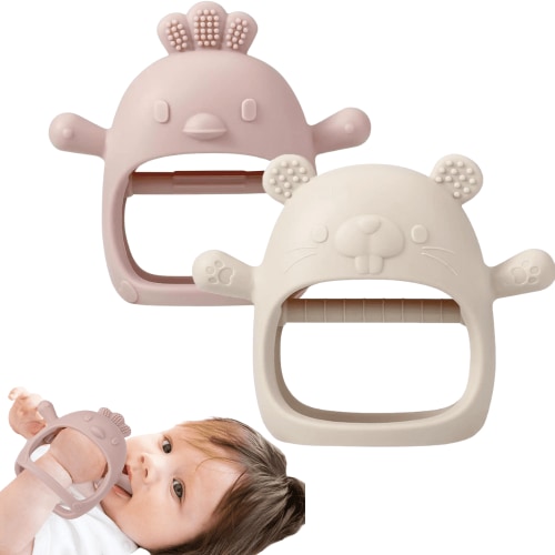 PandaEar 2 Pack Silicone Baby Teething Toys, Hand Teether Mitten,Teething Pain Relief (White/Pink)