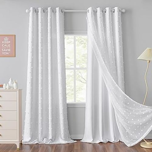 MYSKY HOME White Pom Pom Sheer and Curtains for Living Room 84 Inches Long Nursery Curtains Girls Kids Bedroom Light Filtering Double Layer Window Drapes Grommet,White, 52 x 84 Inch, 2 Pieces