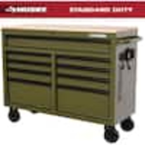 Husky 46 in. W x 18.1 in. D 9-Drawer Army Green Mobile Workbench Cabinet with Solid Wood Top H46X18MWC9ARMY-M
